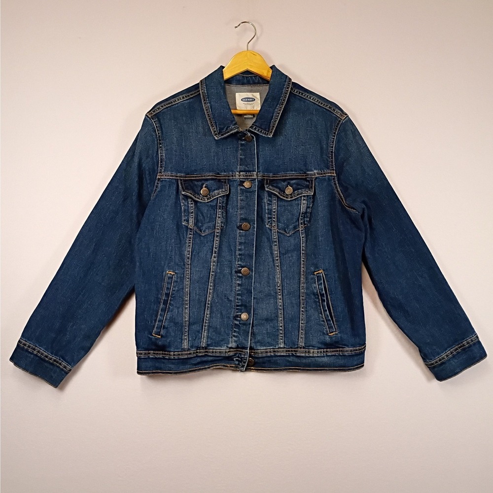 Classic Americana Old Navy Womens XL Blue Dark Wash Stretch Denim Trucker Jacket